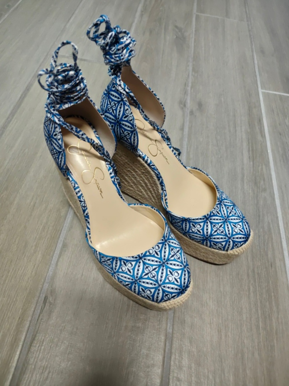 Jessica Simpson Blue Patterned Espadrille Wedge Sandals with Ankle Wrap